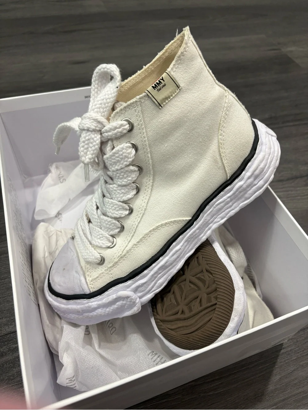 Miharayasuhiro White and Black Distressed High-Top Canvas Sneakers